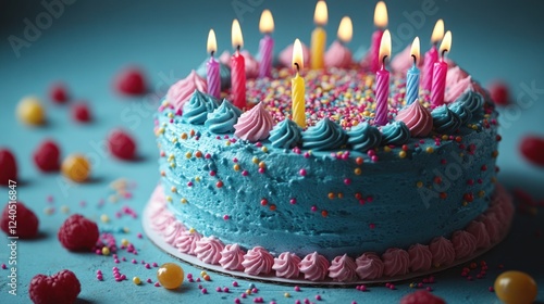 Festive blue birthday cake with candles, teal background, raspberries photo