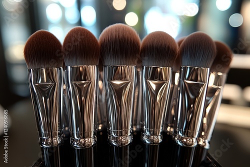 Collection of shiny makeup brushes arranged neatly on a display counter in a beauty store photo