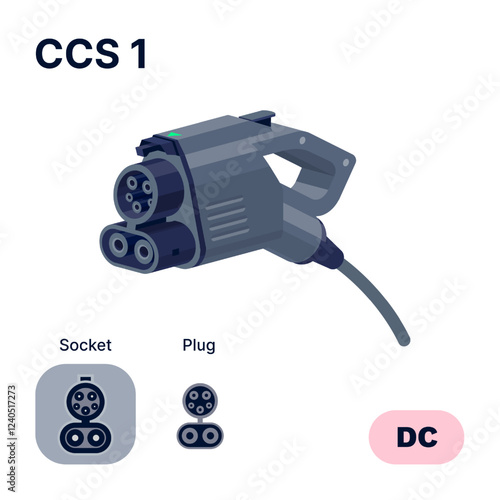 CCS 1 Combo standard charging connector plug and socket. Electric battery vehicle inlet charger detail. EV cable for DC power charge electricity. Isolated vector illustration on white background.