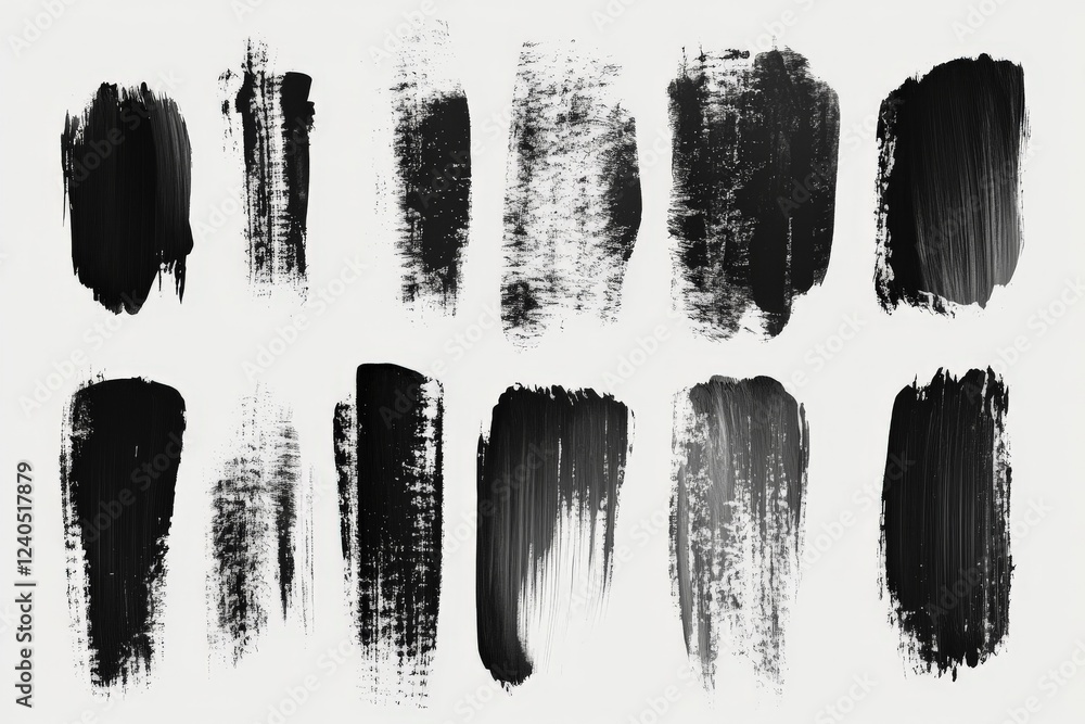 Various black brush strokes on a white background showcasing different textures and styles for artistic projects Various black brush strokes on a white background showcasing different textures and styles for artistic projects