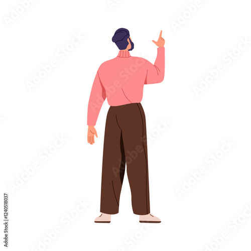 Man, back rear view. Male character standing, pointing up with finger sign. Person from behind, gesturing with hand, presenting and indicating. Flat vector illustration isolated on white background