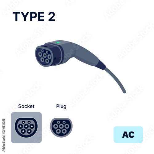 Type 2 Mennekes AC standard charging connector plug socket. Electric battery vehicle inlet charger detail. EV cable for AC power charge electricity. Isolated vector illustration on white background.
