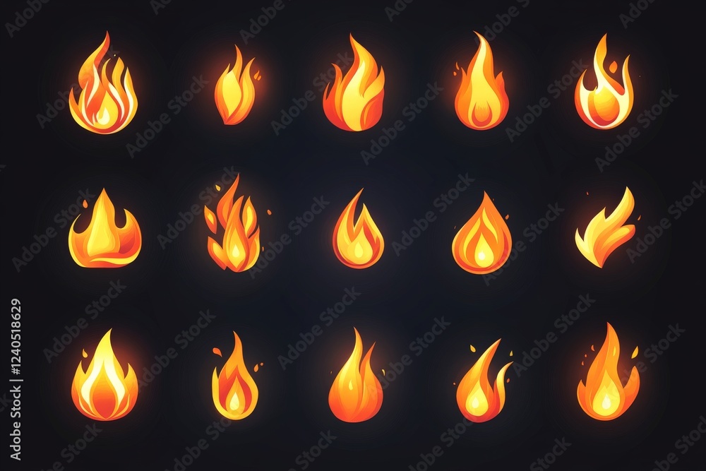 Collection of vibrant flame icons depicting various styles and shapes of fire in a dark background Collection of vibrant flame icons depicting various styles and shapes of fire in a dark background