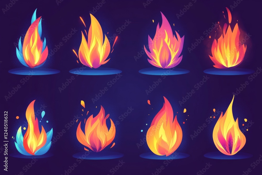 Colorful digital flames in an artistic display representing various fire styles and designs Colorful digital flames in an artistic display representing various fire styles and designs
