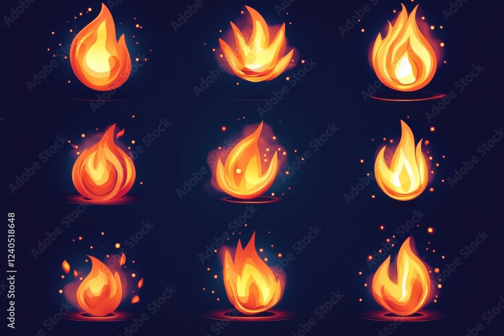 Diverse and vibrant flame illustrations with various shapes and sizes on a dark background Diverse and vibrant flame illustrations with various shapes and sizes on a dark background