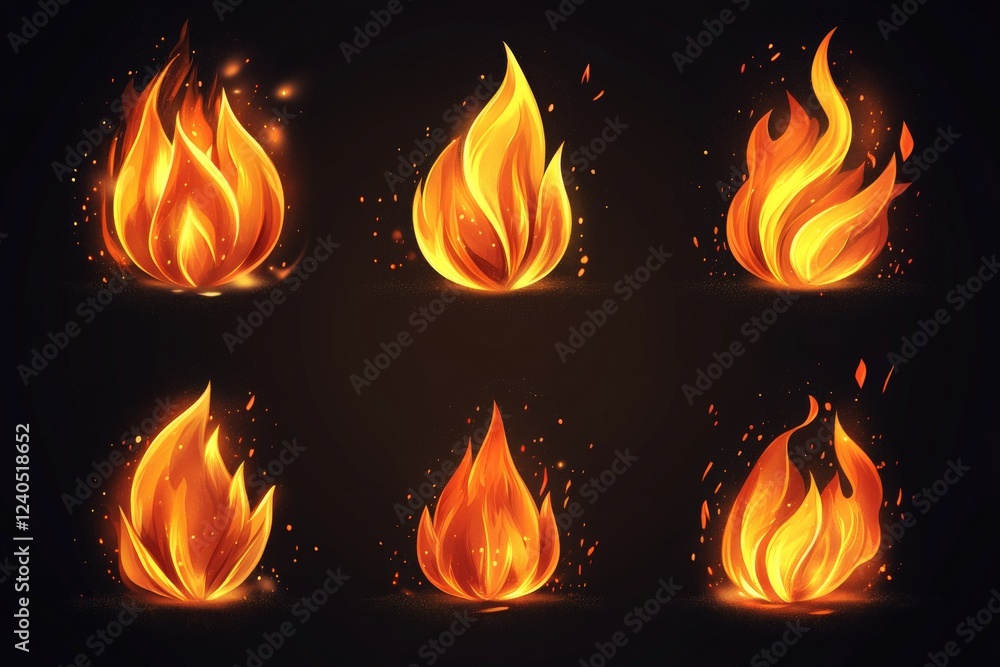 Various designs of vibrant flames on a dark background showcasing energy and movement Various designs of vibrant flames on a dark background showcasing energy and movement