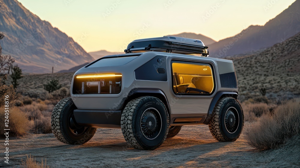 Fototapeta premium Compact off-grid electric vehicles, ideal for camping and long-distance travel in remote location suv