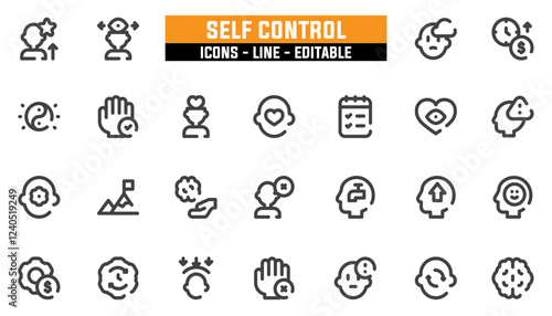 Set of 25 line icons self control. Editable stroke. Vector illustration