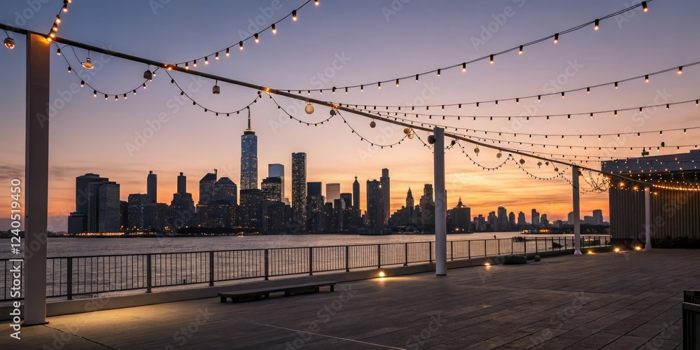 Obraz premium Sparkling fairy lights draped across a modern cityscape at sunset, neon glow, downtown