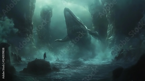 A Lone Figure Gazing Up at a Giant Whale in a Mist-Shrouded Cave
