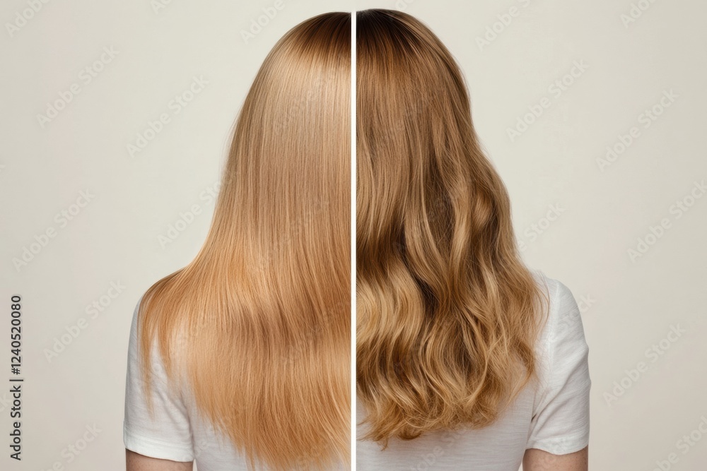 Fototapeta premium Comparison of hair transformation showcasing thin hair on the left and thick, voluminous hair on the right. Generative AI