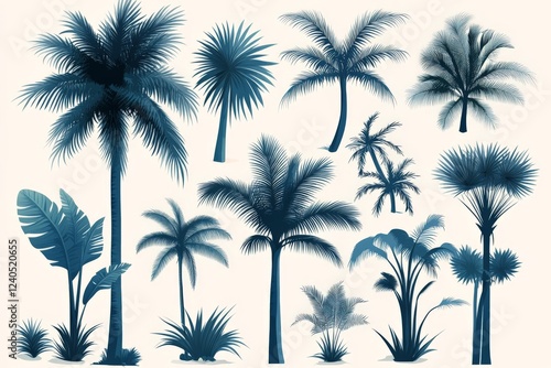 Collection of tropical palm trees in various shapes and sizes against a light background photo