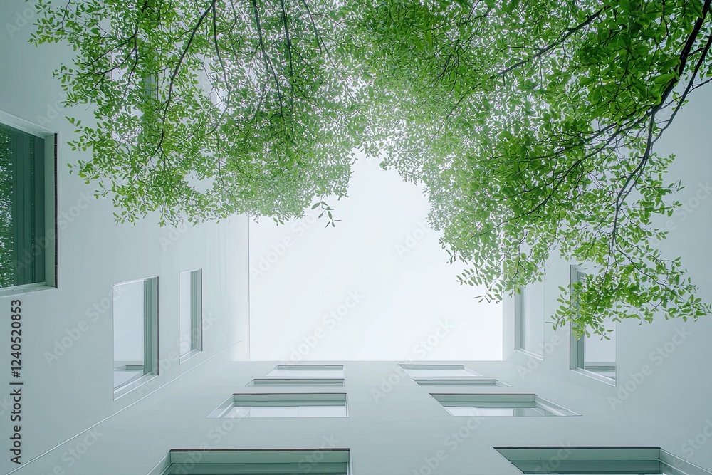 Obraz premium green leaves and modern building Low angle view of modern skyscrapers in business district with green leaves