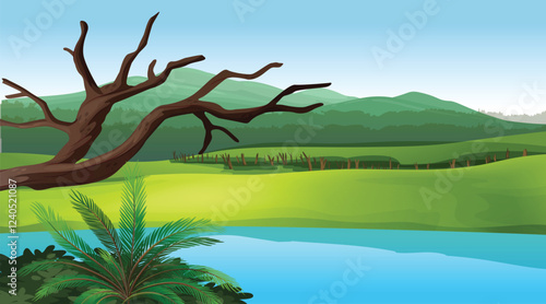 Beautiful landscape vector illustration of mountains, forests, fields and meadows. Stunning panoramic farm landscape with mountains in the background. landscape for printing.
