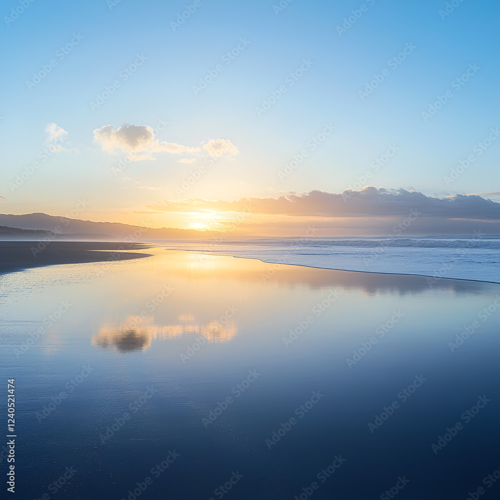 Serene Seaside Reflection: a breathtaking coastal landscape features the calm ocean perfectly mirroring the clear sky. The low sunlight casts a warm glow on the horizon, creating a tranquil scene. Serene Seaside Reflection: a breathtaking coastal landscape features the calm ocean perfectly mirroring the clear sky. The low sunlight casts a warm glow on the horizon, creating a tranquil scene.