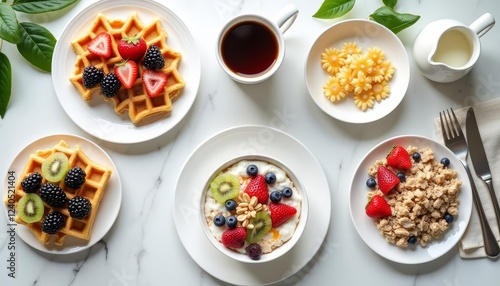 Wallpaper Mural Elegant breakfast spread featuring waffles, yogurt bowl, cereal, and coffee Torontodigital.ca