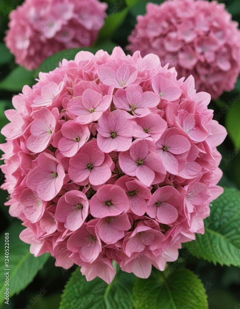 Pink hydrangea in a close-up shot against a green background, blooming, nature Pink hydrangea in a close-up shot against a green background, blooming, nature