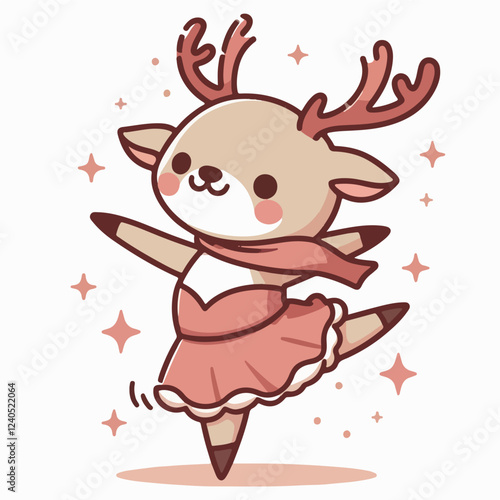 Dancing Reindeer: A charming and whimsical illustration of a reindeer wearing a pink tutu and a red scarf, gracefully dancing with a sweet, joyful expression, surrounded by sparkling stars. 