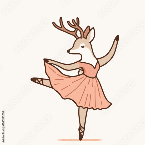 Dancing Ballerina Deer: A whimsical and charming illustration of a deer dressed in a pink tutu and pointe shoes, gracefully executing a pirouette. Her antlers add a touch of whimsy to the image.