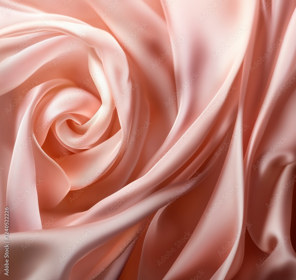 Fototapeta premium Silky satin fabric in soft peach color, elegantly draped and swirling, showcasing smooth texture and delicate sheen, copy space for text