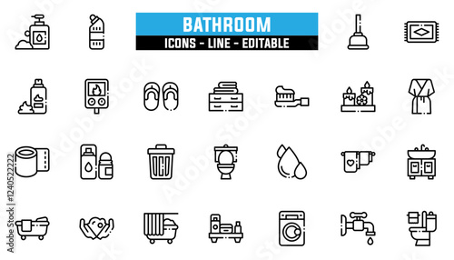 Set of 25 line icons bathroom. Editable stroke. Vector illustration