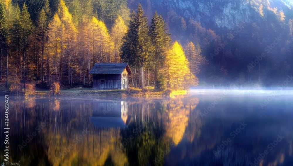 Tranquil Lakeside Cabin Surrounded by Autumn Foliage and Misty Reflections in a Serene Natural Landscape