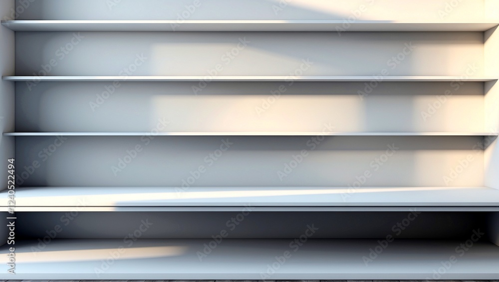 Minimalist empty shelf with soft sunlight and shadows Minimalist empty shelf with soft sunlight and shadows