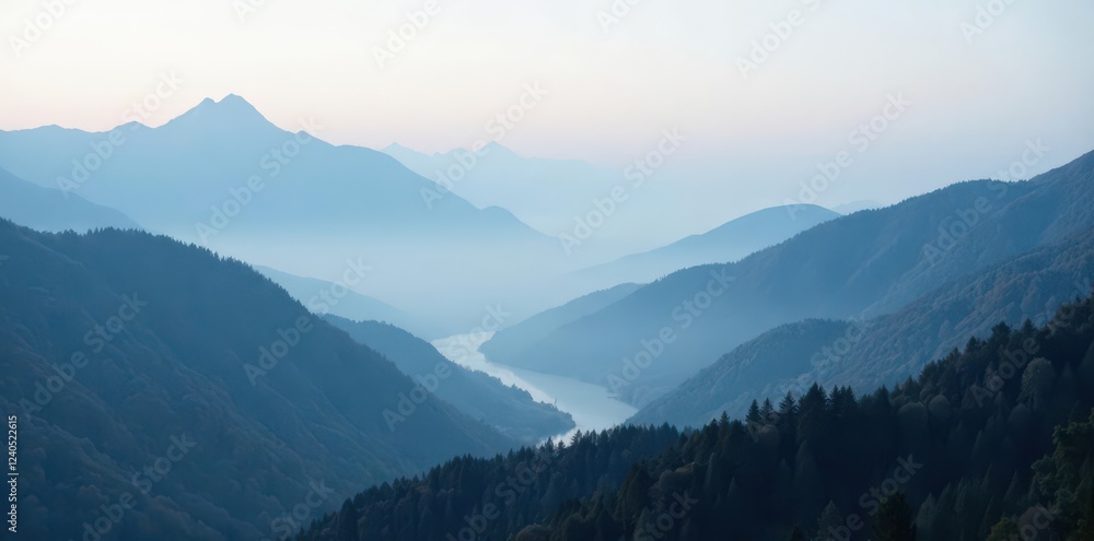Obraz premium Silvery misty fog rolling over black mountains, mountains, mist