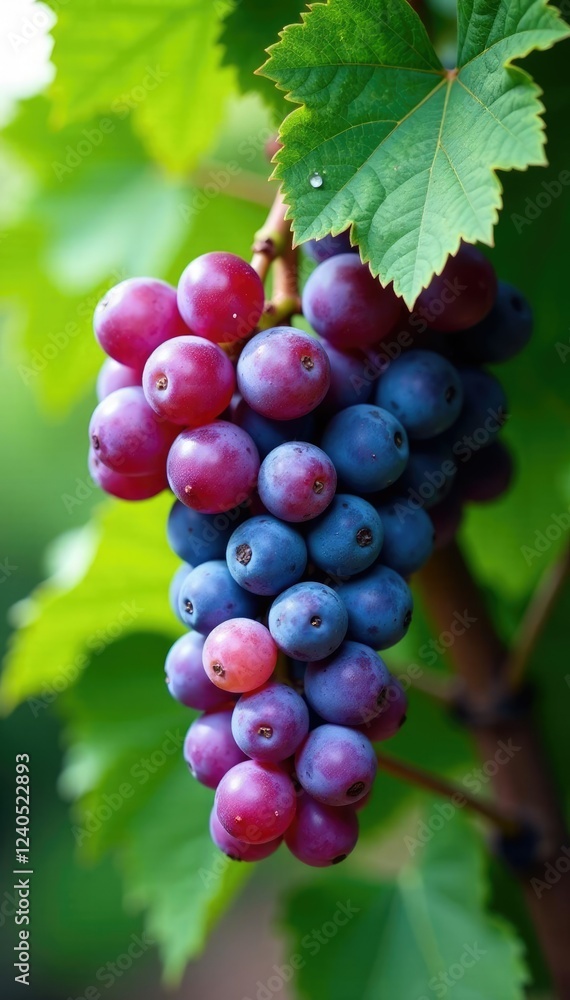 Purple clusters of grapes and leaves on the vine, veraison, leaves Purple clusters of grapes and leaves on the vine, veraison, leaves