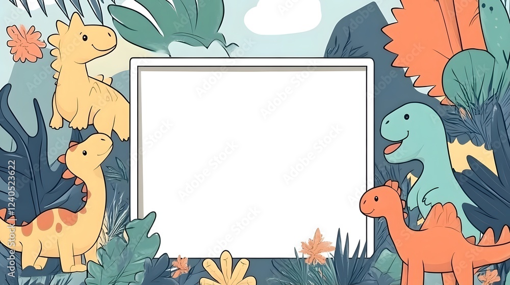 Fototapeta premium Playful cartoon dinosaurs surrounded by vibrant foliage in a whimsical landscape, ideal for children's designs