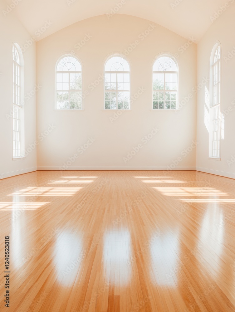Obraz premium Contemporary Gymnasium Design Polished Hardwood Floors in Sunlit Space - Premium Athletic Venues and Modern Fitness Aesthetics for Professional Sports Environments