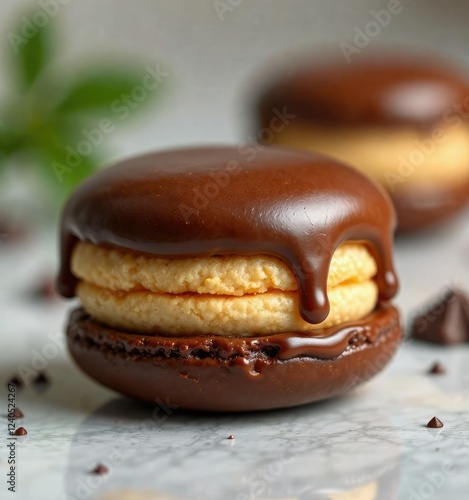 Rich, velvety chocolate coating over a macaroon , luxurious, rich photo