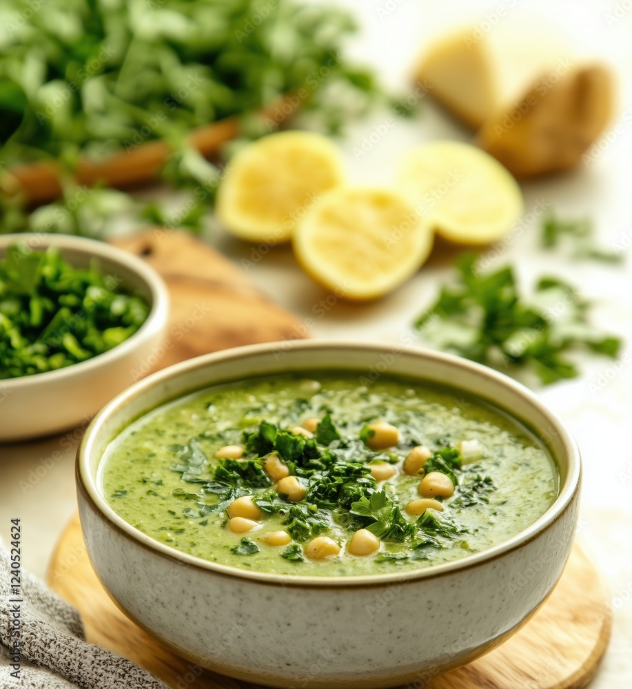 Creamy Green Chickpea Soup with Fresh Herbs and Lemon, Garnished with Cilantro, Healthy Vegan Recipe, copy space for text Creamy Green Chickpea Soup with Fresh Herbs and Lemon, Garnished with Cilantro, Healthy Vegan Recipe, copy space for text