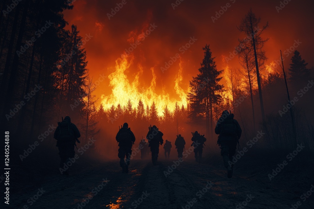 Fototapeta premium Firefighters approach a raging wildfire as flames consume the forest during a dangerous operation at dusk