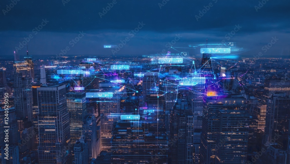Obraz premium Night city skyline, digital data flow, urban technology, future innovation, stock photo