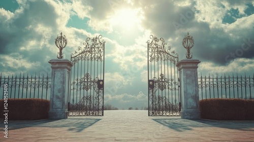 Fototapeta Naklejka Na Ścianę i Meble -  Fully installed wrought iron entry gate standing strong against a cloudy sky.