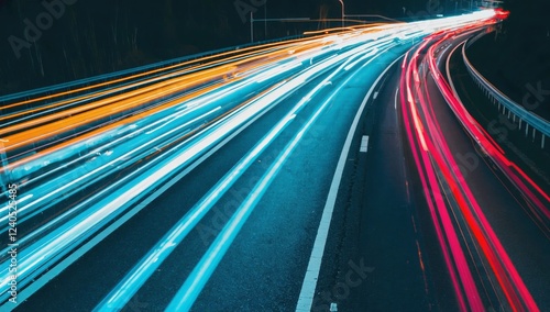 Night highway traffic streaks, blurred lights, speed, motion. Website banner, transport