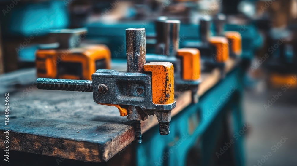 Industrial clamps securing wrought iron pieces together during assembly. Industrial clamps securing wrought iron pieces together during assembly.