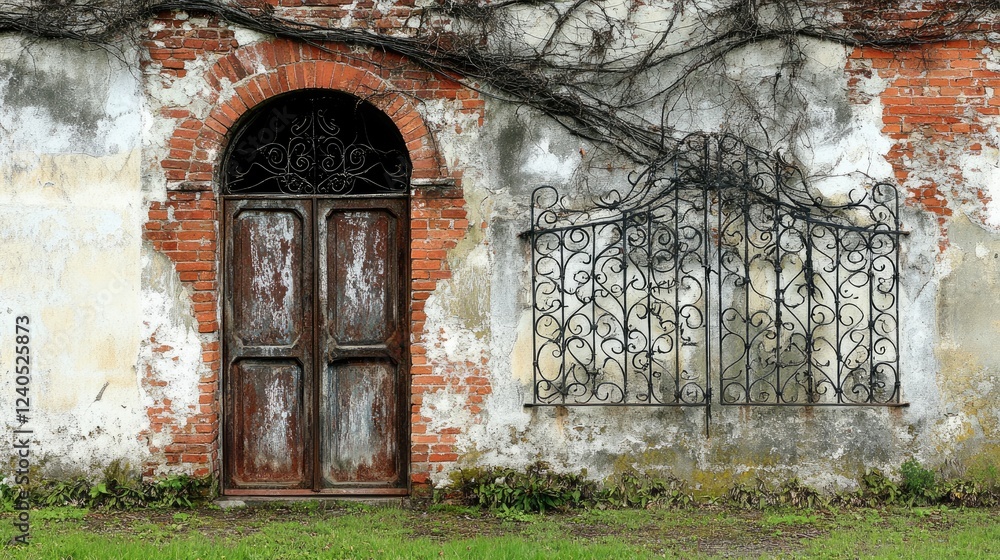 Large wrought iron entry gate resting against a brick wall before installation. Large wrought iron entry gate resting against a brick wall before installation.