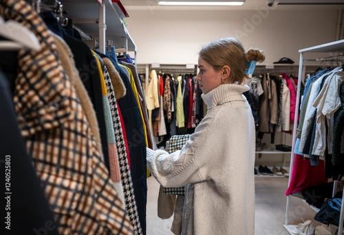 Wallpaper Mural Woman browsing clothes in a thrift shop. Second hand concept	 Torontodigital.ca