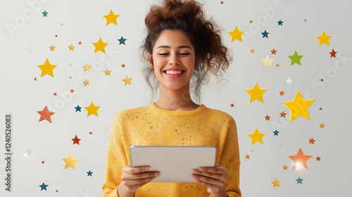 A woman holding a tablet, smiling while reviewing star ratings. Star icons hover around her. Isolated on a white background, concept of online feedbac photo