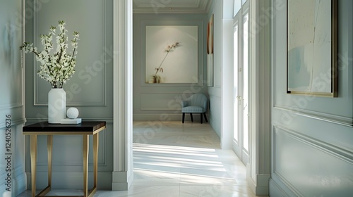 Bright hallway with duck egg accents, natural light, and a blend of diverse, elegant artwork