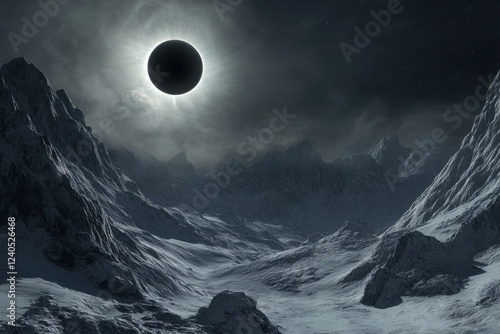 Total Solar Eclipse Over Snowy Mountains: A Dark Celestial Spectacle photo