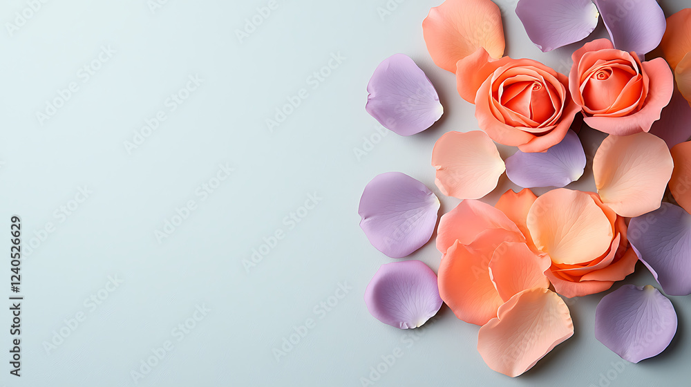 Elegant soft pink peach and lavender rose petals arrangement floral decor studio setting aesthetic composition romantic concept Elegant soft pink peach and lavender rose petals arrangement floral decor studio setting aesthetic composition romantic concept