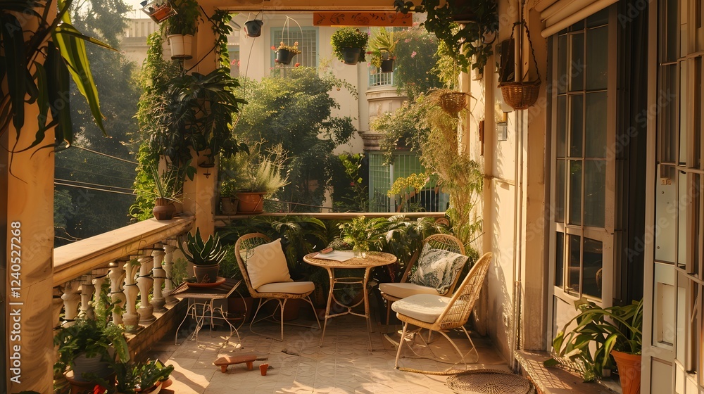 Fototapeta premium Sunlit balcony with duck egg furniture and a variety of elegant, diverse plants