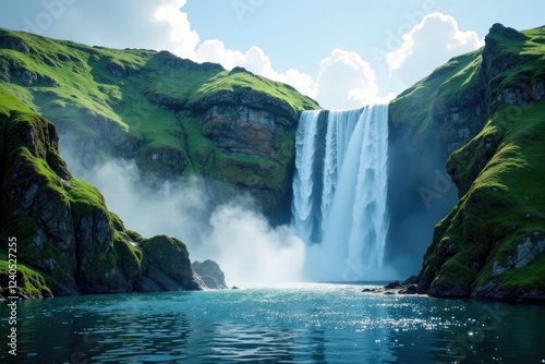 Shimmering waterfalls cascading down mountains, shimmer, waterfall