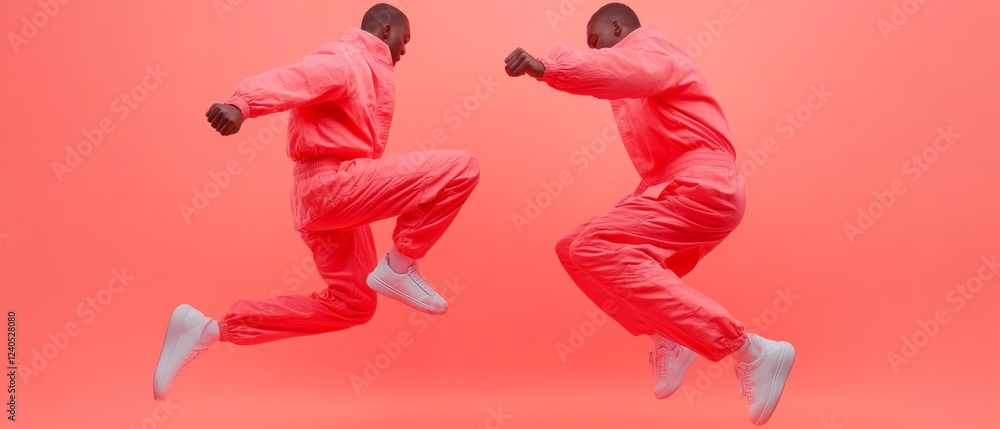Dynamic Sportswear Visualization Martial Artists Mid-Kick in Vibrant Minimalist Setting - Athletic Apparel Marketing and Modern Combat Training Visualization Dynamic Sportswear Visualization Martial Artists Mid-Kick in Vibrant Minimalist Setting - Athletic Apparel Marketing and Modern Combat Training Visualization