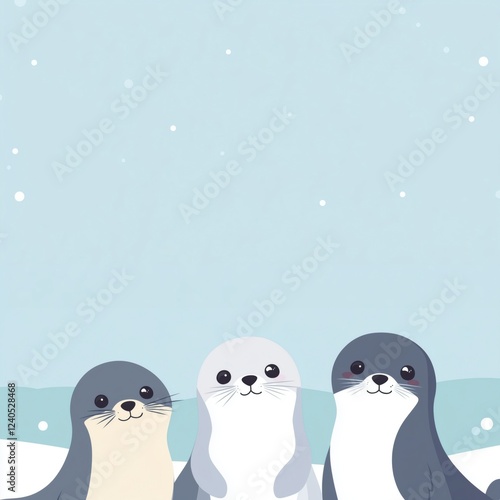 Cute cartoon seals in snowy landscape, three adorable seals with different colors and expressions, winter scene with soft blue background and falling snowflakes, copy space for text photo