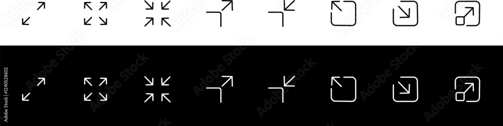 Screen zoom symbols. Expand size vector icon set. Full screen symbols. Vector icon Screen zoom symbols. Expand size vector icon set. Full screen symbols. Vector icon