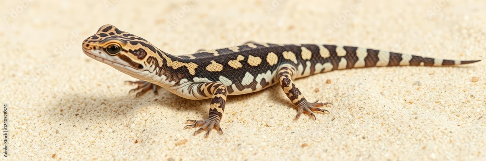Fototapeta premium Small reptile with spotted pattern on light-colored sand, small reptiles, sandy environment